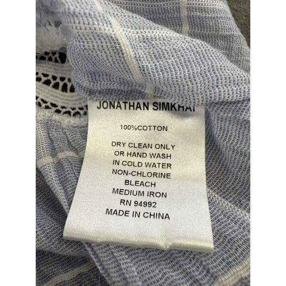 Jonathan Simkhai Blue Voile Grid Cotton Blouse XS Lace Ruffle Hem Top Keyhole - Picture 11 of 11